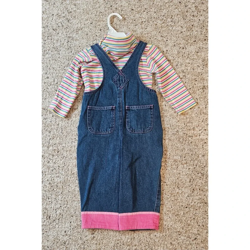 Vintage Cheerios Kids Denim Overalls Striped Turtleneck Set Pink Blue 90s Floral
